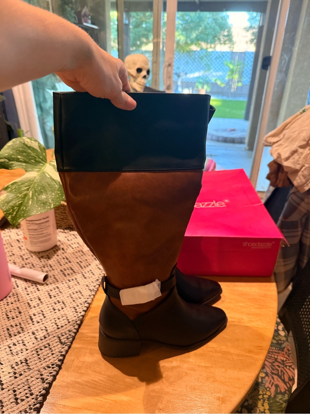 Shoe Dazzle Two-Tone Black and Brown Over-the-Knee Boots